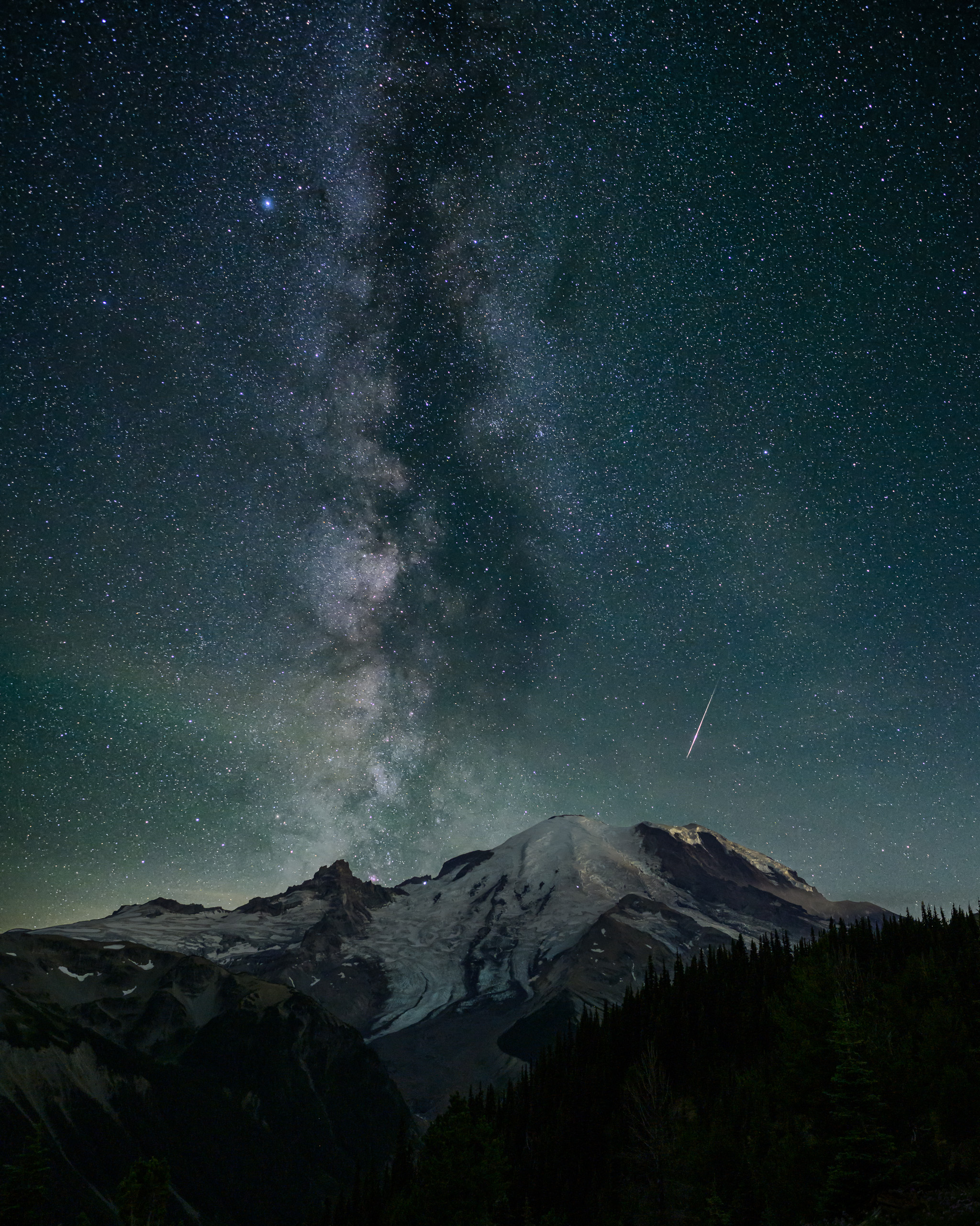 Milky Way and Perseids meteor over Mt. Rainier