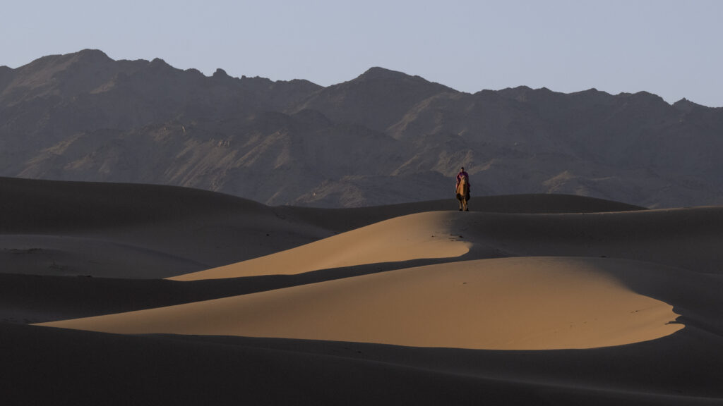 A Camel herder rides a camel through the Gobi desert sand dunes