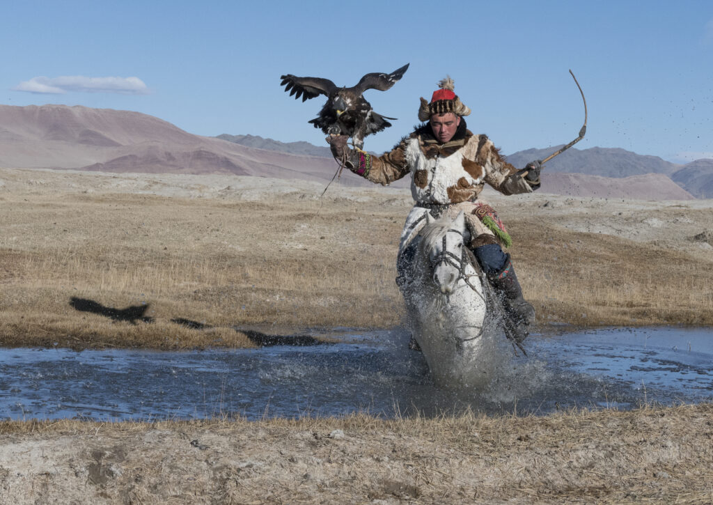 An Eagle hunter rides through a stream in Mongolia