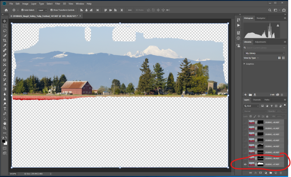 Photoshop sky layer with masking mistakes.