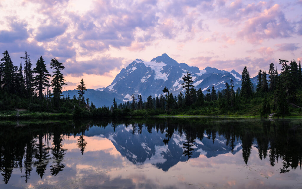 Mt. Shuksan reflected in Picture Lake at sunrise