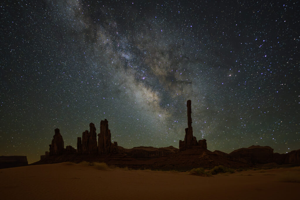 Milky Way over Yei Bi Chei and Totem Pole in Monument Valley