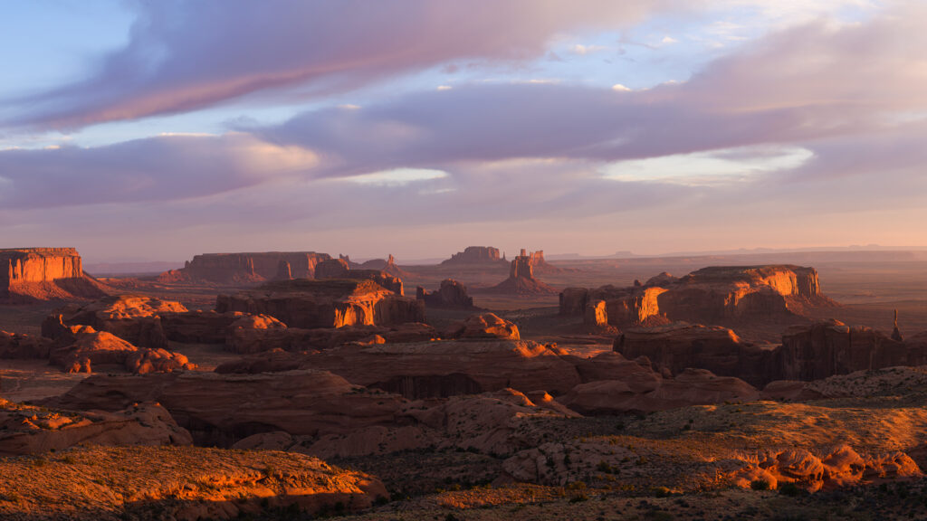 Sunrise at Monument Valley from atop Hunts Mesa